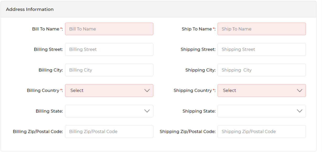 Address Information section of Add/Edit Quote form with billing and shipping fields