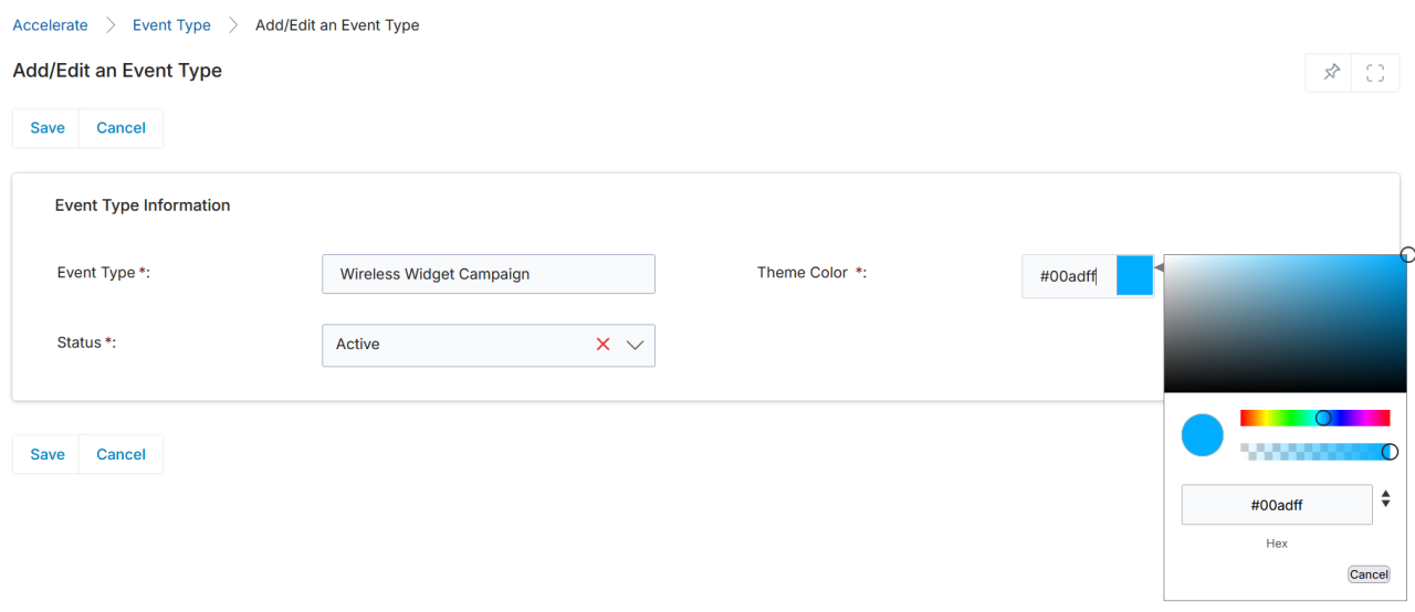 Add/Edit an Event Type form with the Wireless Widget Campaign name, Theme Color hex field, color picker, and Status set to Active