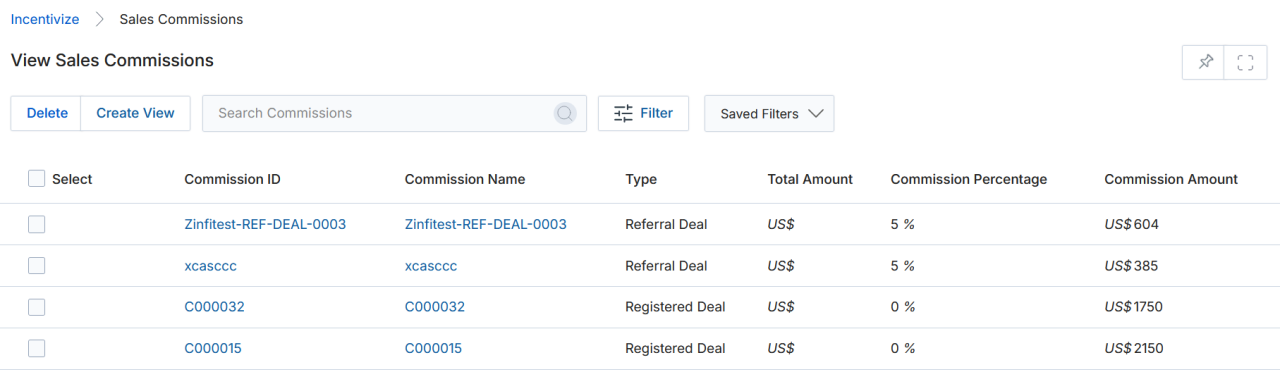 View a Commission — detail page showing Commission Information, Deal(s), and Invoice(s) sections
