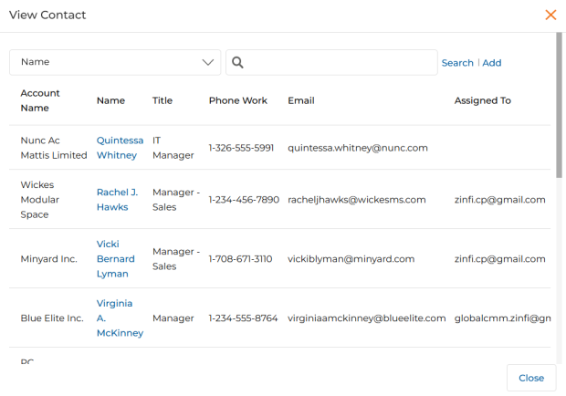 View Contact picker dialog showing Account Name, Name, Title, Phone Work, Email, and Assigned To columns