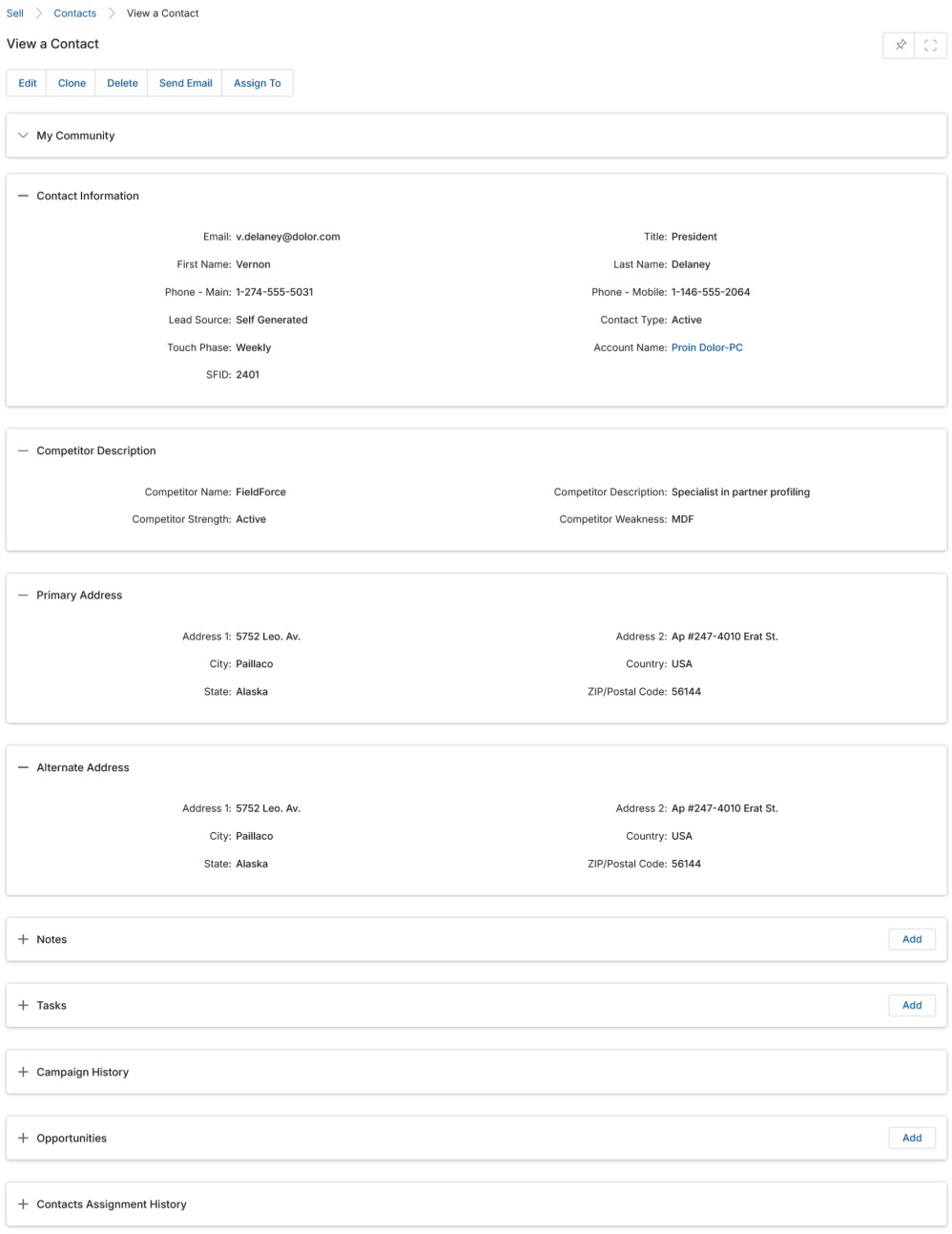 Add/Edit a Contact — Account Name picker showing View Accounts popup