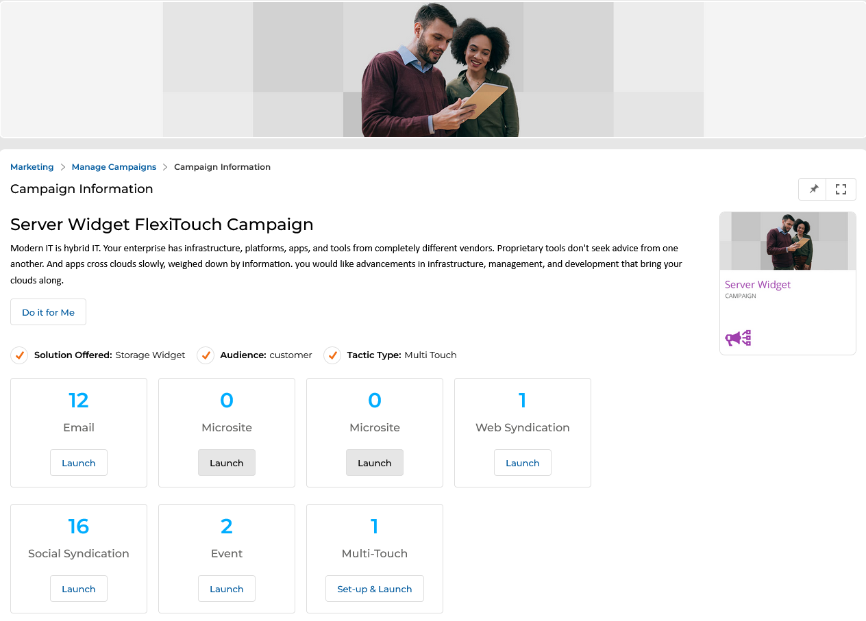 Campaign Information page for Server Widget FlexiTouch Campaign showing tactic tiles: 12 Email, 0 Microsite, 0 Microsite, 1 Web Syndication with Launch highlighted, 16 Social Syndication, 2 Event, 1 Multi-Touch with Set-up and Launch
