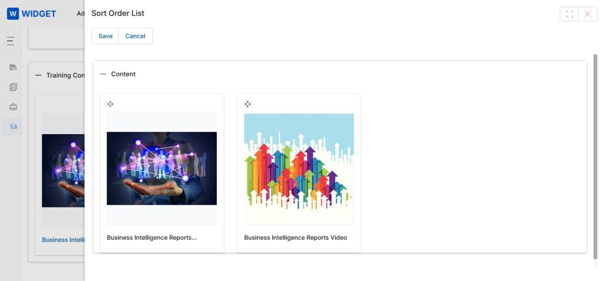 Sort Order List modal showing two content tiles — Business Intelligence Reports and Business Intelligence Reports Video — that can be dragged to reorder