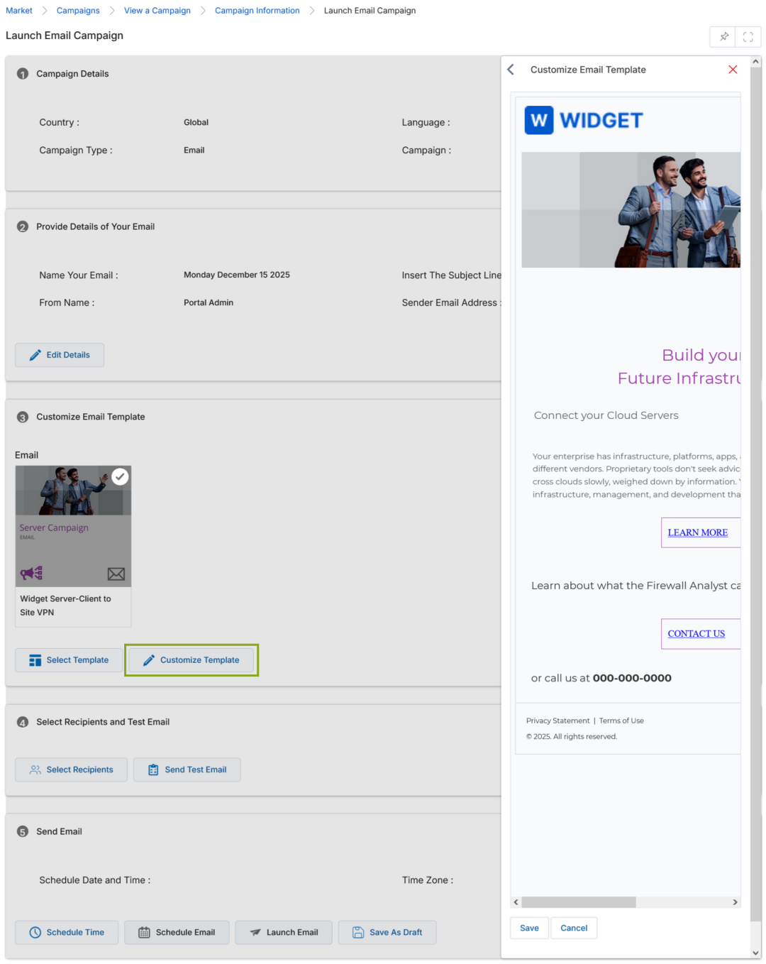 Send Email section showing Schedule Date and Time, Time Zone and four buttons: Schedule Time, Schedule Email, Launch Email, Save As Draft