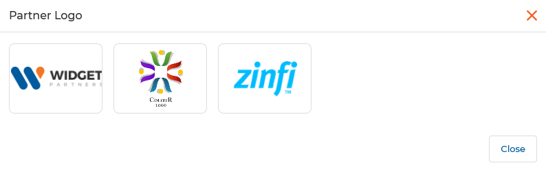 Partner Logo picker dialog showing Widget, ColourR, and ZINFI logo options