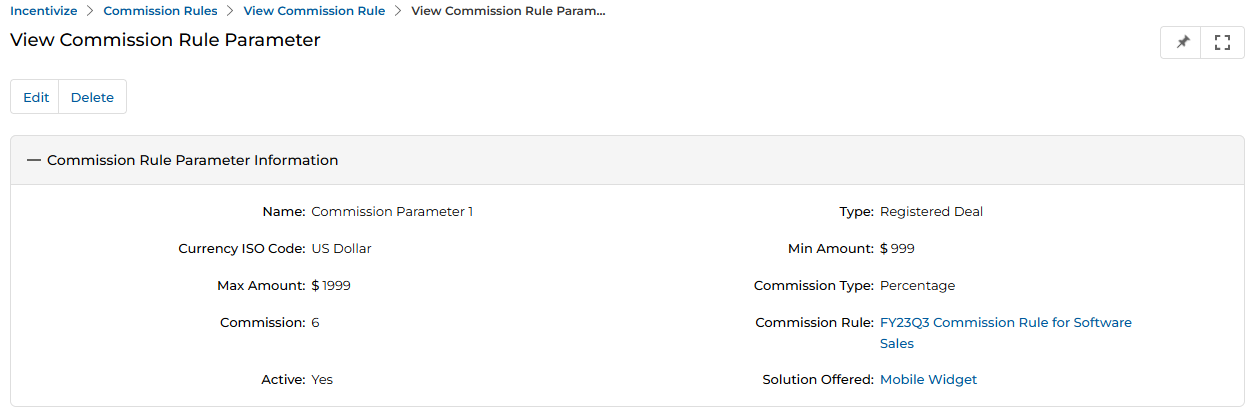 View Commission Rule Parameter detail form showing Name, Type, Currency ISO Code, Min Amount, Max Amount, Commission, Commission Rule, Solution Offered fields