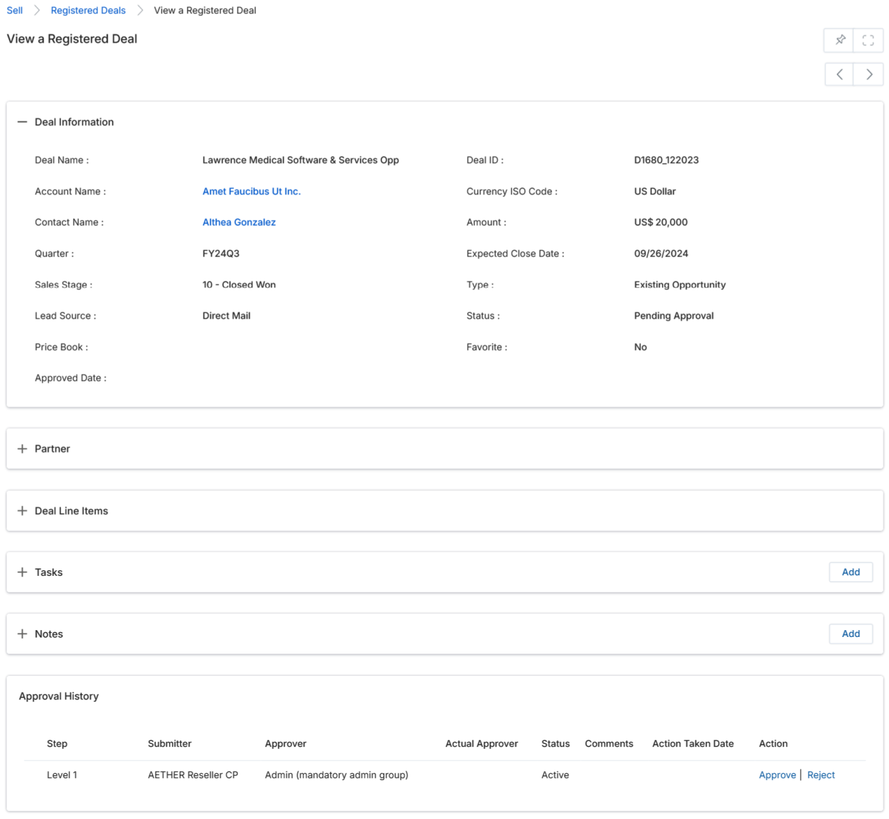 View Registered Deals — deals marked as Favorite (Yes) appearing at the top of the list with Zinfitest_Deals and ZINFIETST DL records showing Ready for Submission status
