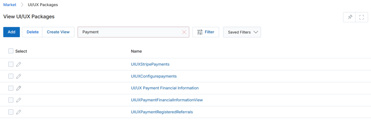 View UI/UX Packages grid showing Select checkbox, pen/edit icon and package name links for UIUXStripePayments, UIUXConfigurepayments, UI/UX Payment Financial Information, UIUXPaymentFinancialInformationView, UIUXPaymentRegisteredReferrals