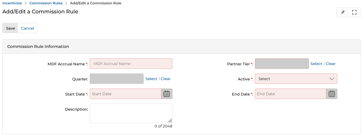 Add/Edit a Commission Rule form with MDF Accrual Name, Partner Tier, Quarter, Active, Start Date, End Date, and Description fields