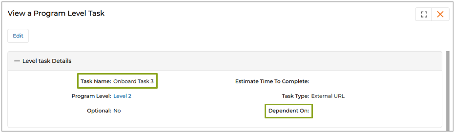 Onboard Task 2 — Level Task Details with Dependent On set to Onboard Task 1