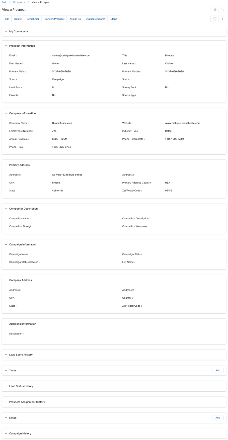 Prospect details — My Community, Prospect Information, and Company Information sections