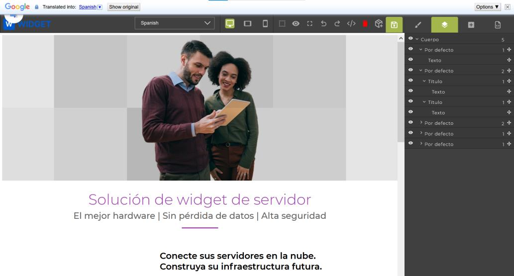 Google Translate dropdown in the CMS Editor — showing language options including Spanish