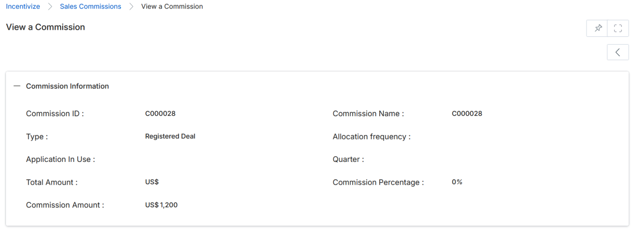 View Sales Commissions listing — click a Commission ID or Name to open the detail record