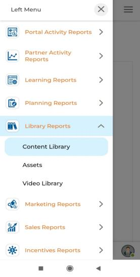 Library Reports Assets sub-menu selected and Asset Library Report showing co-branded asset counts, top 10 co-branded assets, top 10 downloaded assets by partner