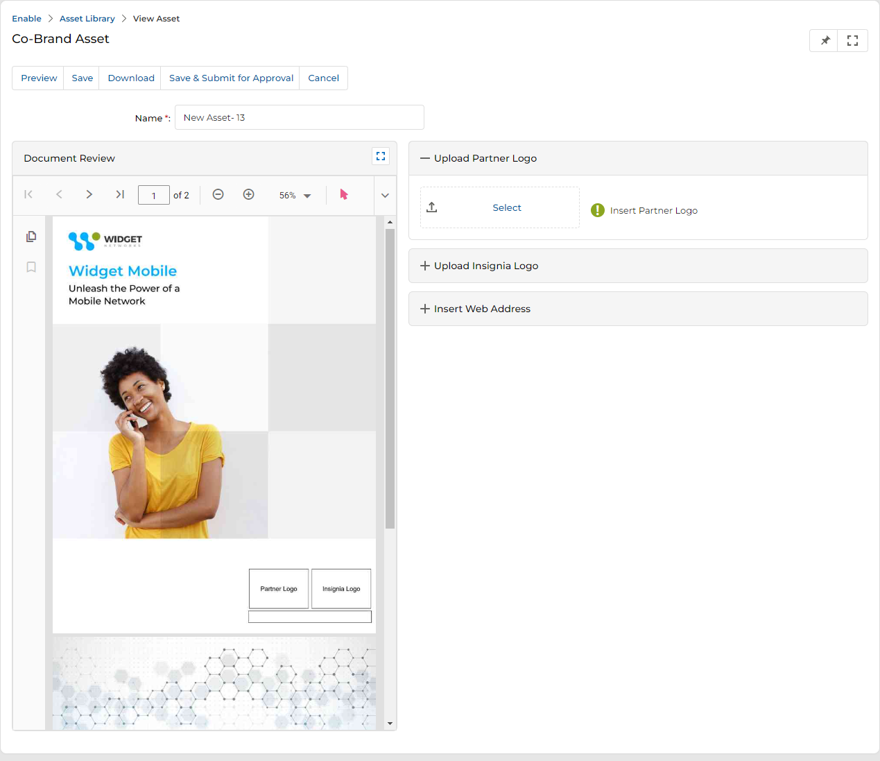 Co-Brand Asset page re-opened for editing with Upload Partner Logo section and Document Review panel