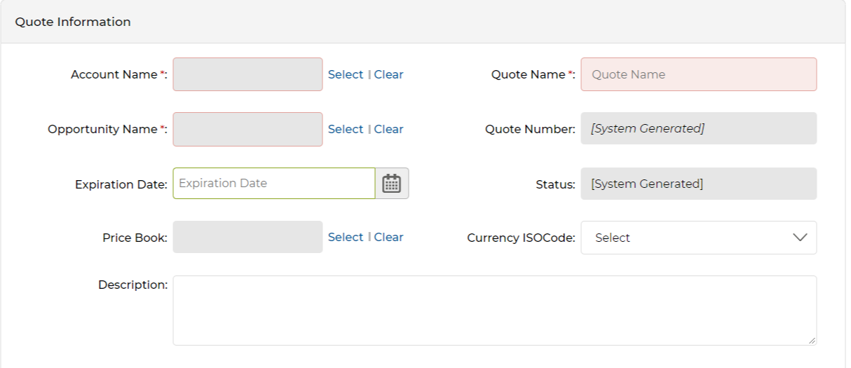 Quote Information section of Add/Edit form showing required fields highlighted in pink
