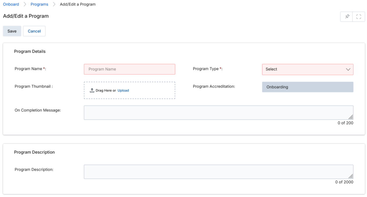 Add/Edit a Program form — Program Name, Type, Thumbnail, Accreditation, and Description fields