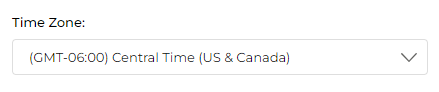 Time Zone field showing (GMT-06:00) Central Time (US & Canada) with dropdown arrow