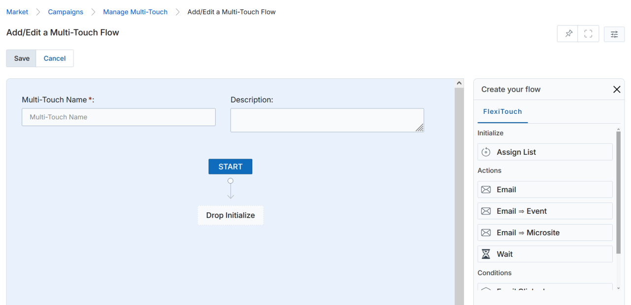 Add/Edit a Multi-Touch Flow page with Multi-Touch Name field, Description textarea, START button, Drop Initialize box, and Create your flow right panel showing Initialize, Actions (Email, Email→Event, Email→Microsite, Wait) and Conditions sections