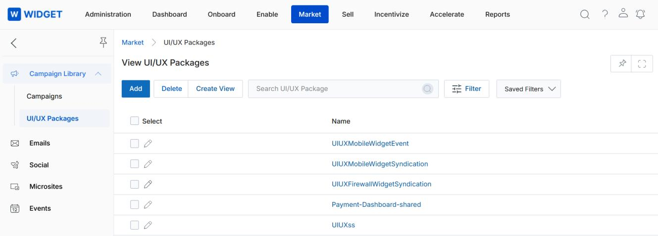 UPM Market navigation showing Campaign Library sidebar with UI/UX Packages highlighted, and View UI/UX Packages grid showing UIUXMobileWidgetEvent, UIUXMobileWidgetSyndication, UIUXFirewallWidgetSyndication, Payment-Dashboard-shared and UIUXss records
