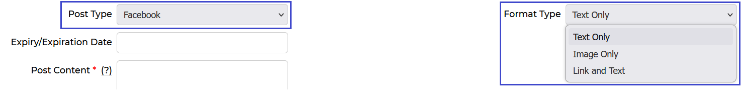 Post Type set to Facebook showing Format Type dropdown with Text Only, Image Only, and Link and Text options