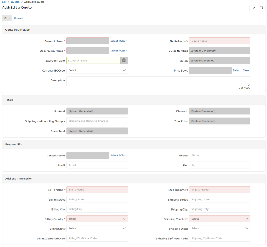 Add/Edit a Quote full form showing Quote Information, Totals, Prepared For, and Address Information sections