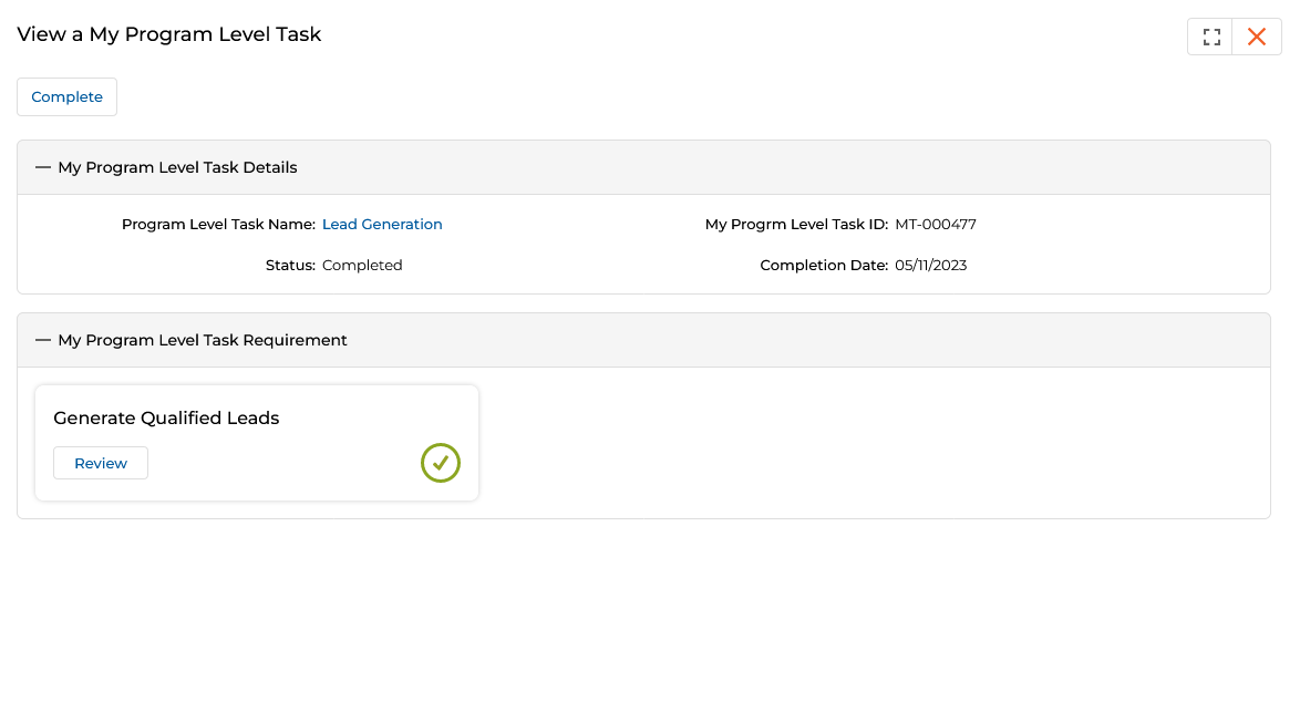 View a My Program Level Task — Lead Generation; Status: Completed; Completion Date: 05/11/2023; Requirement showing Review + green tick