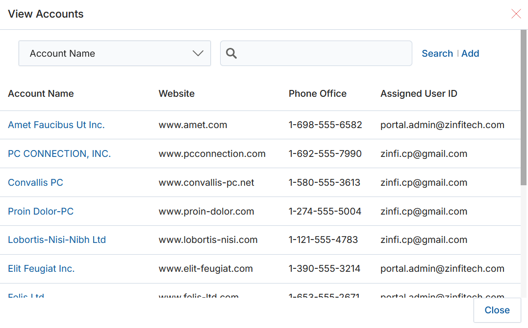Contact picker popup for Opportunity — Account Name, Name, Title, Phone, Email, ZEVE_Status
