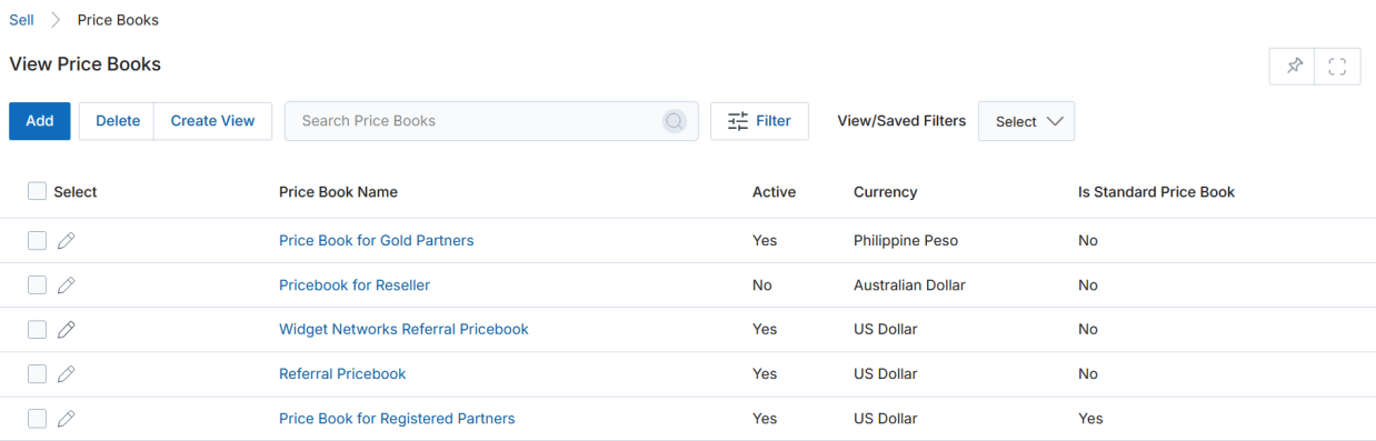 View Price Books — listing showing imported price books: Price Book for Gold Partners, Pricebook for Reseller, Widget Networks Referral Pricebook, Referral Pricebook, Price Book for Registered Partners