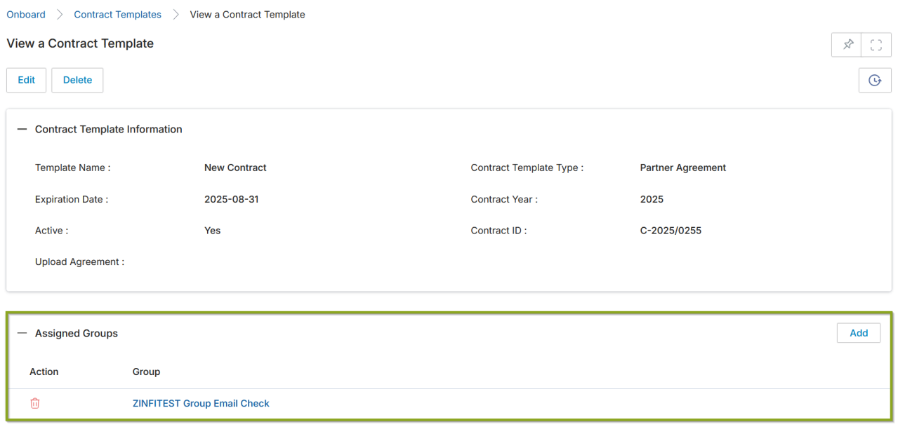View a Contract Template — Assigned Groups related list showing group assignments