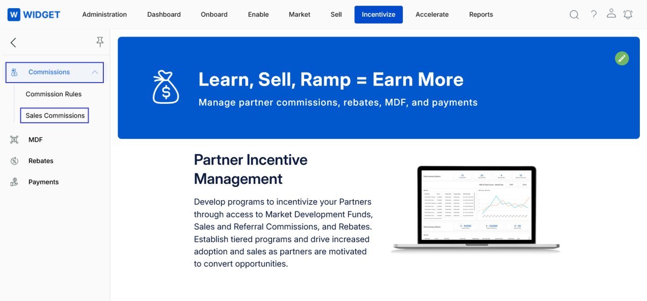 Incentivize menu with Sales Commissions selected in left nav