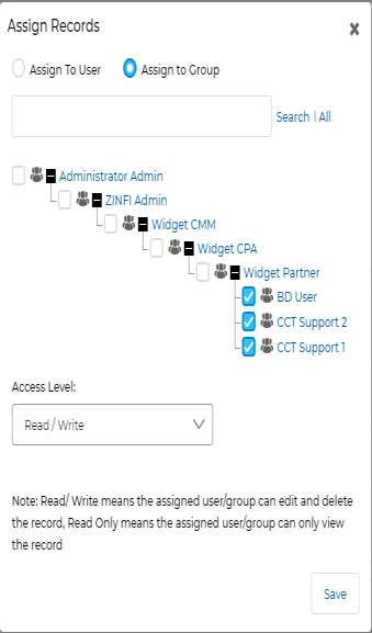 Assign Records — Assign To Group tab showing group tree and Access Level dropdown
