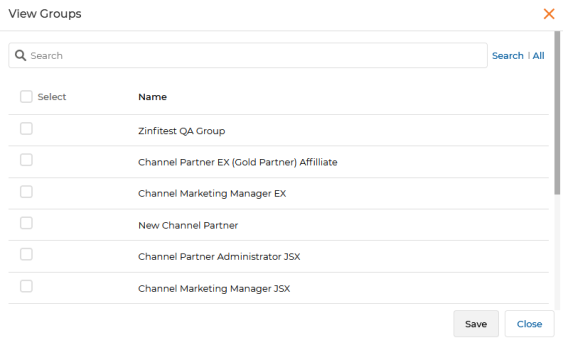 View Groups popup — searchable list of partner user groups with checkboxes and Save/Close buttons