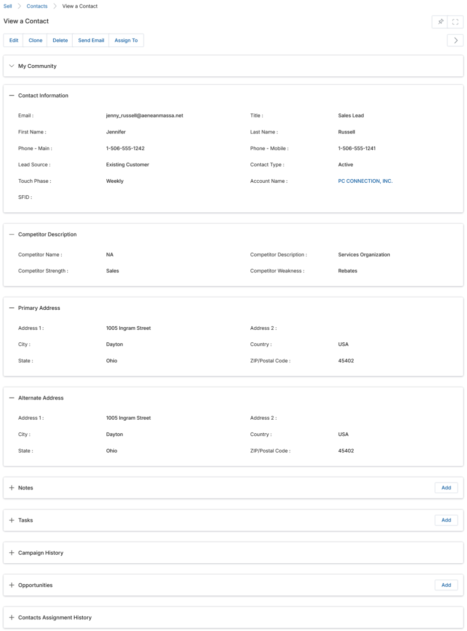 View a Contact — detail page with Contact Information and related lists