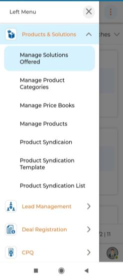 Manage Solutions Offered sub-menu and View Solutions Offered list showing Solution Offered Name values