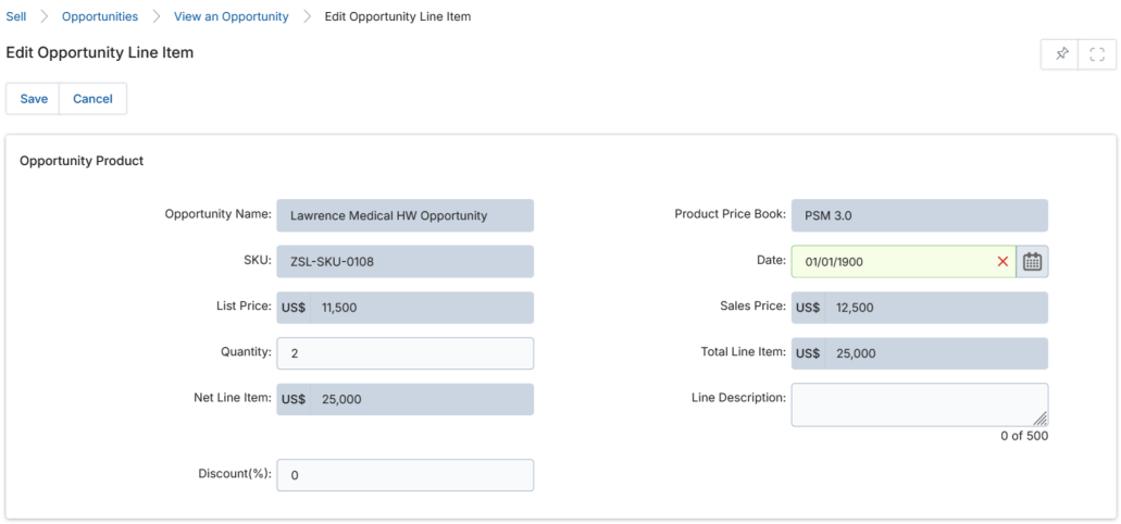 Edit Opportunity Line Item page — Quantity=2, Discount=0, Total=25000