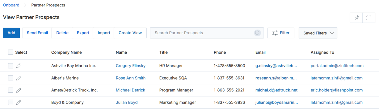 View Partner Prospects listing showing Company Name, Name, Title, Phone, Email, and Assigned To columns with multiple prospect records