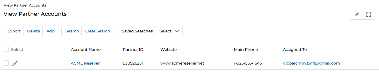 View Partner Accounts — Saved Searches toolbar visible, ready to search