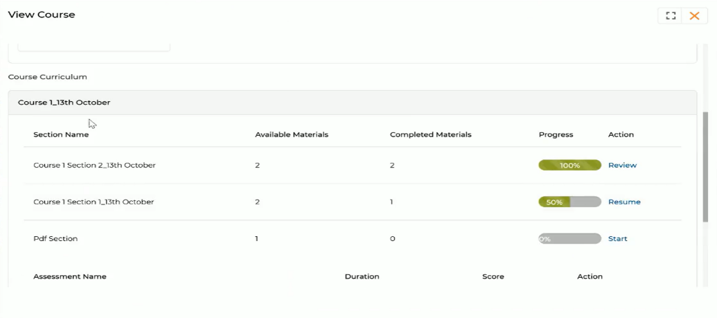 Section list showing Start, Resume, and Review button states based on progress