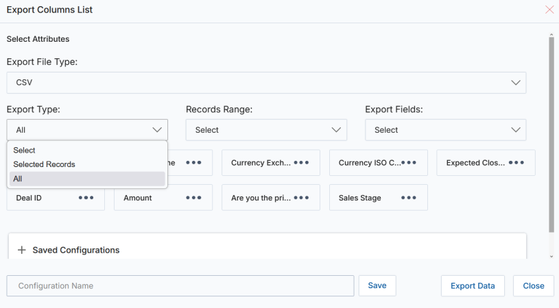 Export Columns List dialog with CSV file type, export type (Selected Records / All), records range, and export fields options