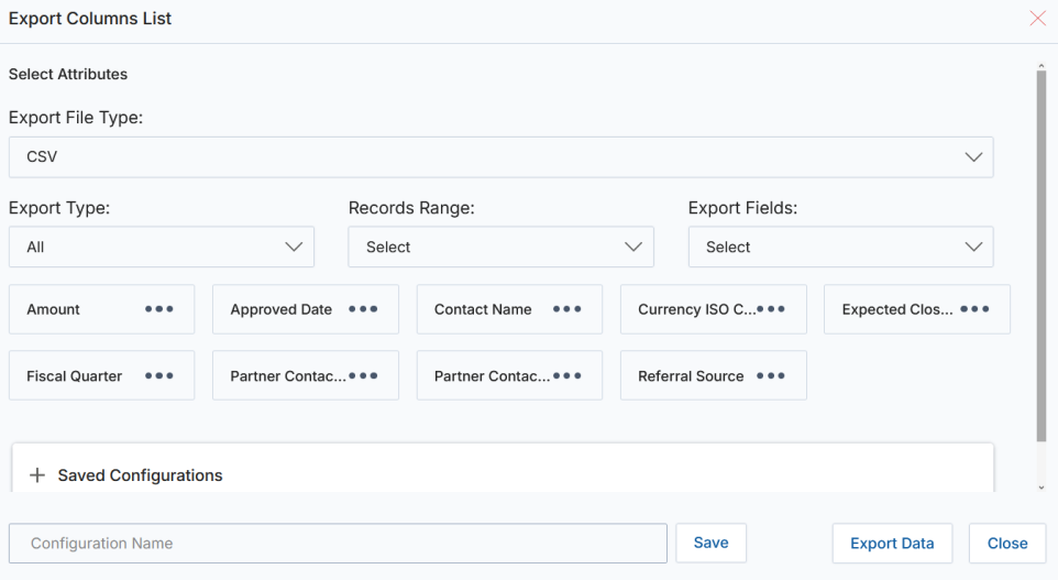 Export Columns List dialog showing Export File Type, Export Type, Records Range, and field selector