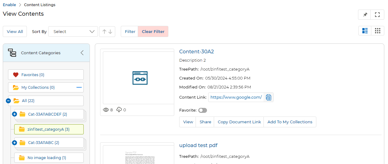 View Contents showing zinfitest_categoryA highlighted in tree, Content-30A2 listing on right with TreePath /root/zinfitest_categoryA