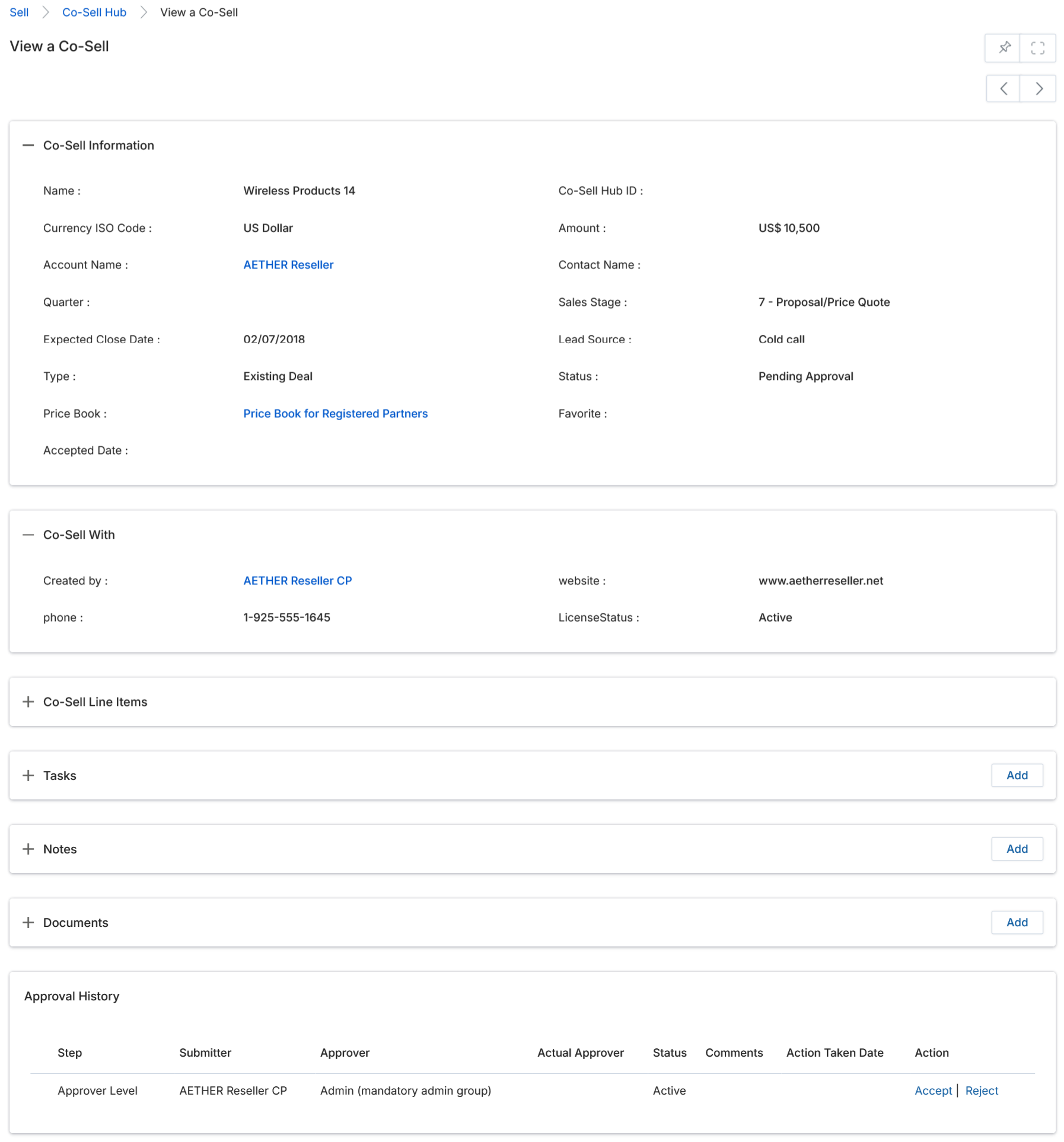 View a Co-Sell — full detail page showing Co-Sell Information, Co-Sell With, Co-Sell Line Items, Tasks, Notes, Documents, and Approval History sections for