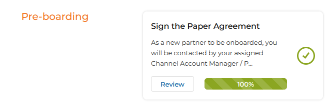 Pre-boarding level — Sign the Paper Agreement task showing green tick, Review button, and 100% progress bar