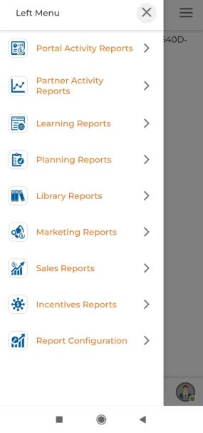 Reports module selected from menu and Reports left-hand sub-menu showing Portal Activity Reports, Partner Activity Reports, Learning Reports, Planning Reports, Library Reports, Marketing Reports, Sales Reports, Incentives Reports, Report Configuration