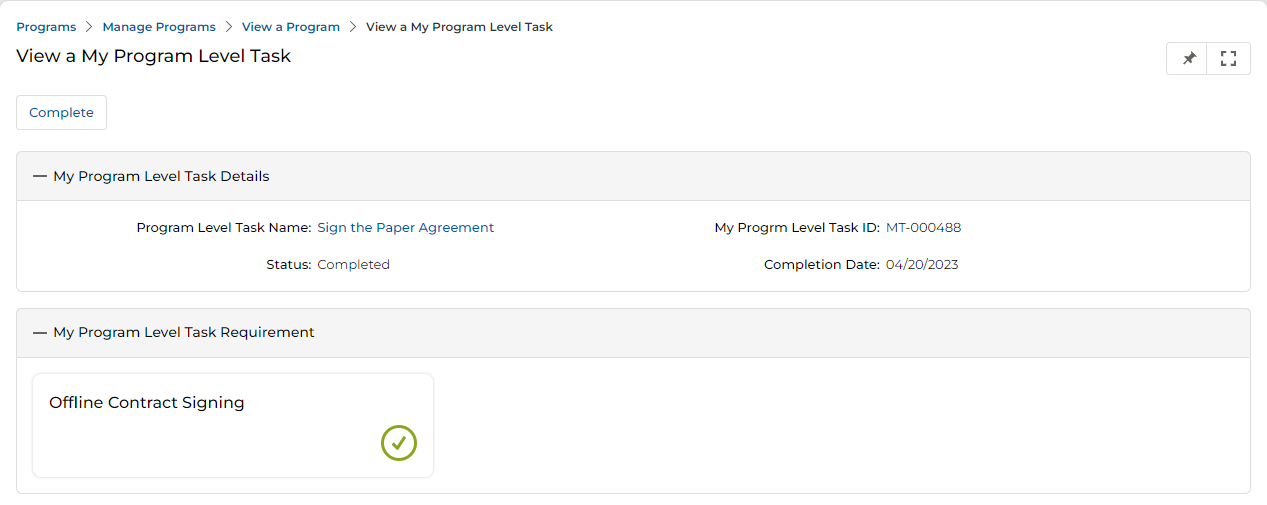 Change Status modal — toggles task between Complete and Incomplete