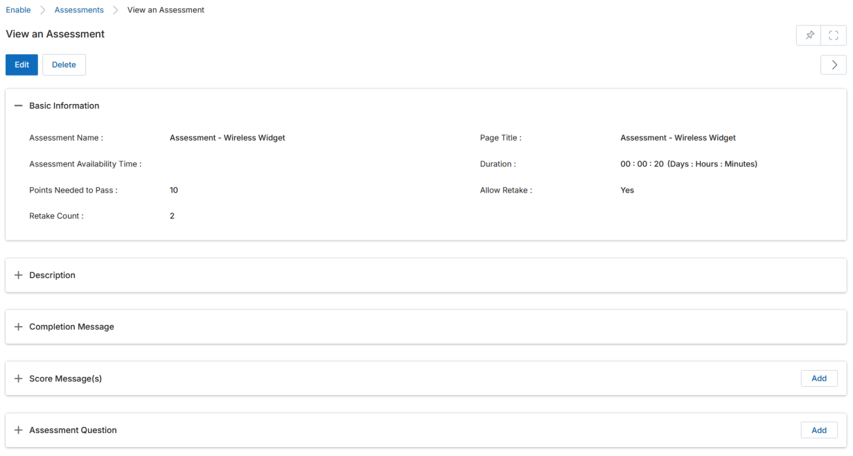 View an Assessment page showing Basic Information section with Assessment Name, Page Title, Duration, Points Needed to Pass, Allow Retake, and Retake Count fields, plus Description, Completion Message, Score Messages, and Assessment Question sub-sections