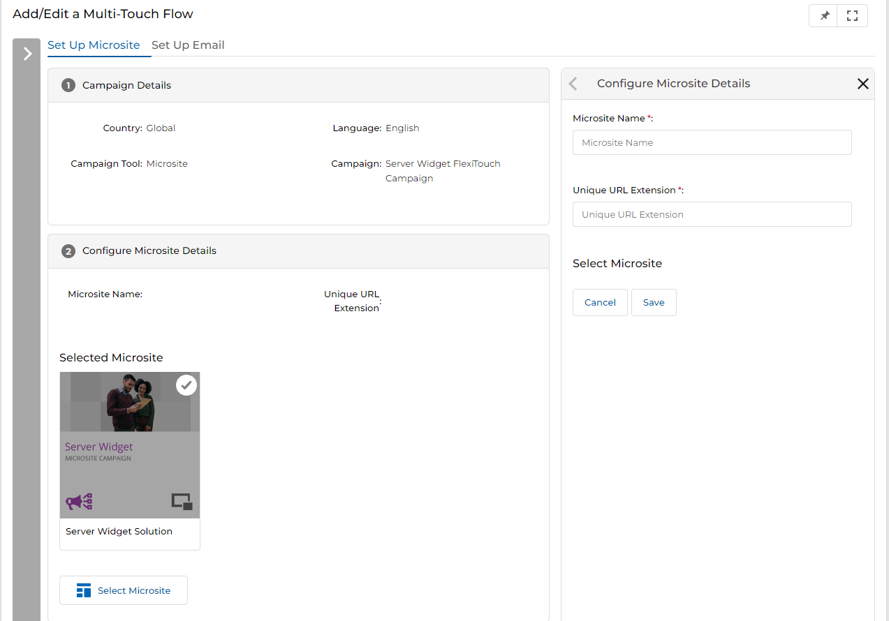 Add/Edit a Multi-Touch Flow page with Configure Microsite Details panel open on the right showing Microsite Name and Unique URL Extension input fields and Select Microsite placeholder, with Cancel and Save buttons