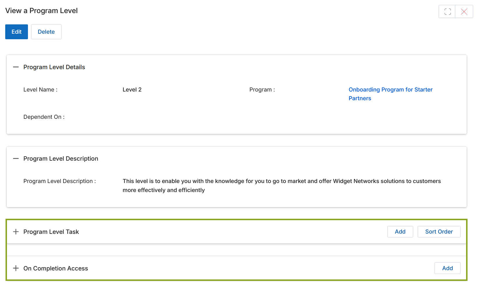View a Program Level — showing Program Level Task and On Completion Access related lists