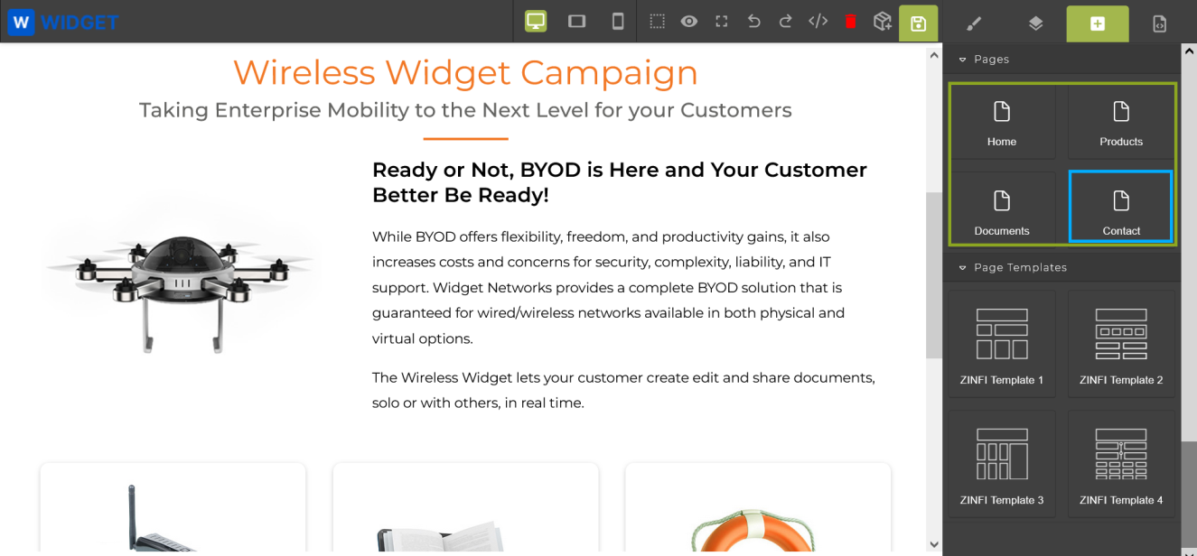 Microsite Pages — Contact page highlighted with Page Type set to form